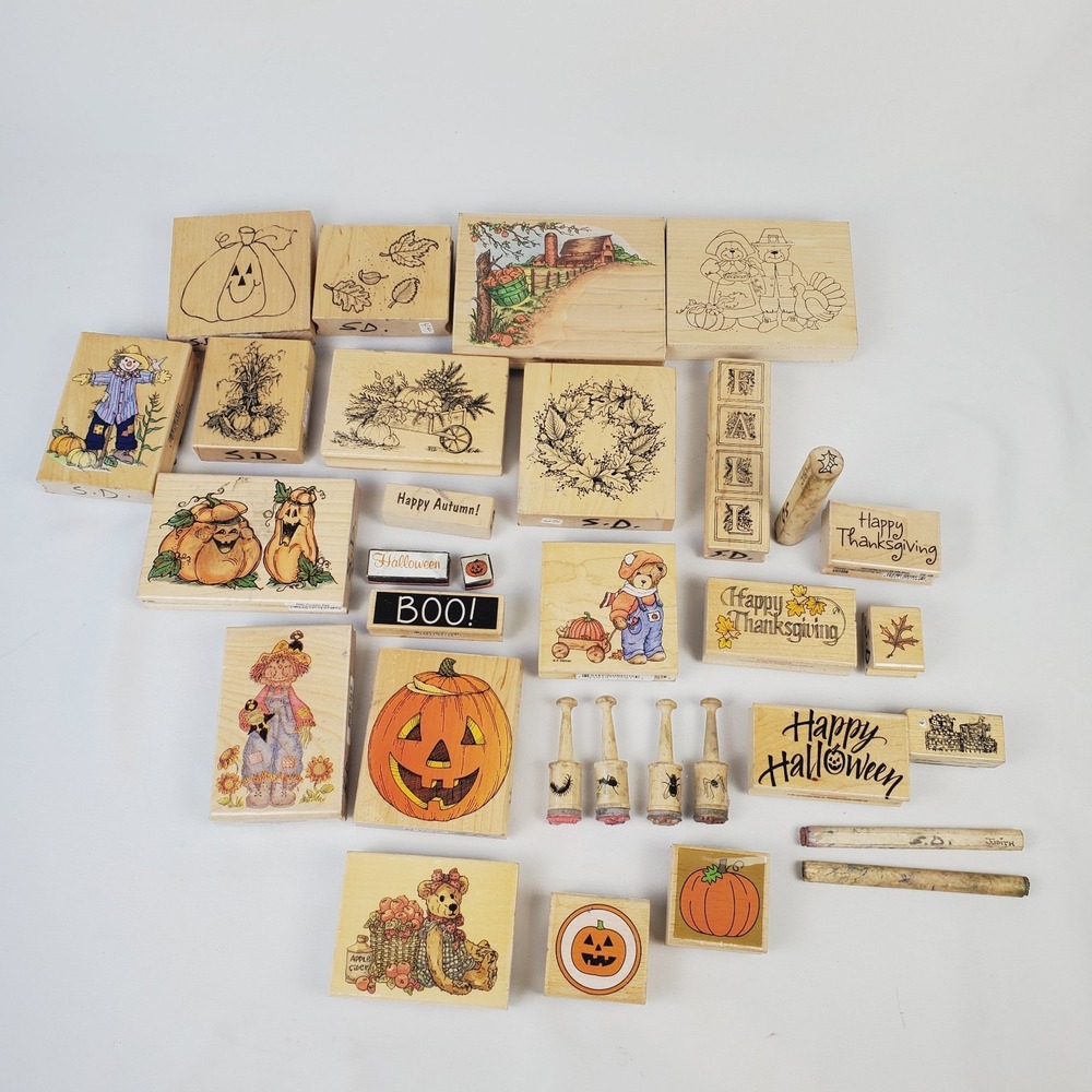 Lot of 32 Wood Rubber Stamps Thanksgiving Halloween Fall Creepy and Cozy